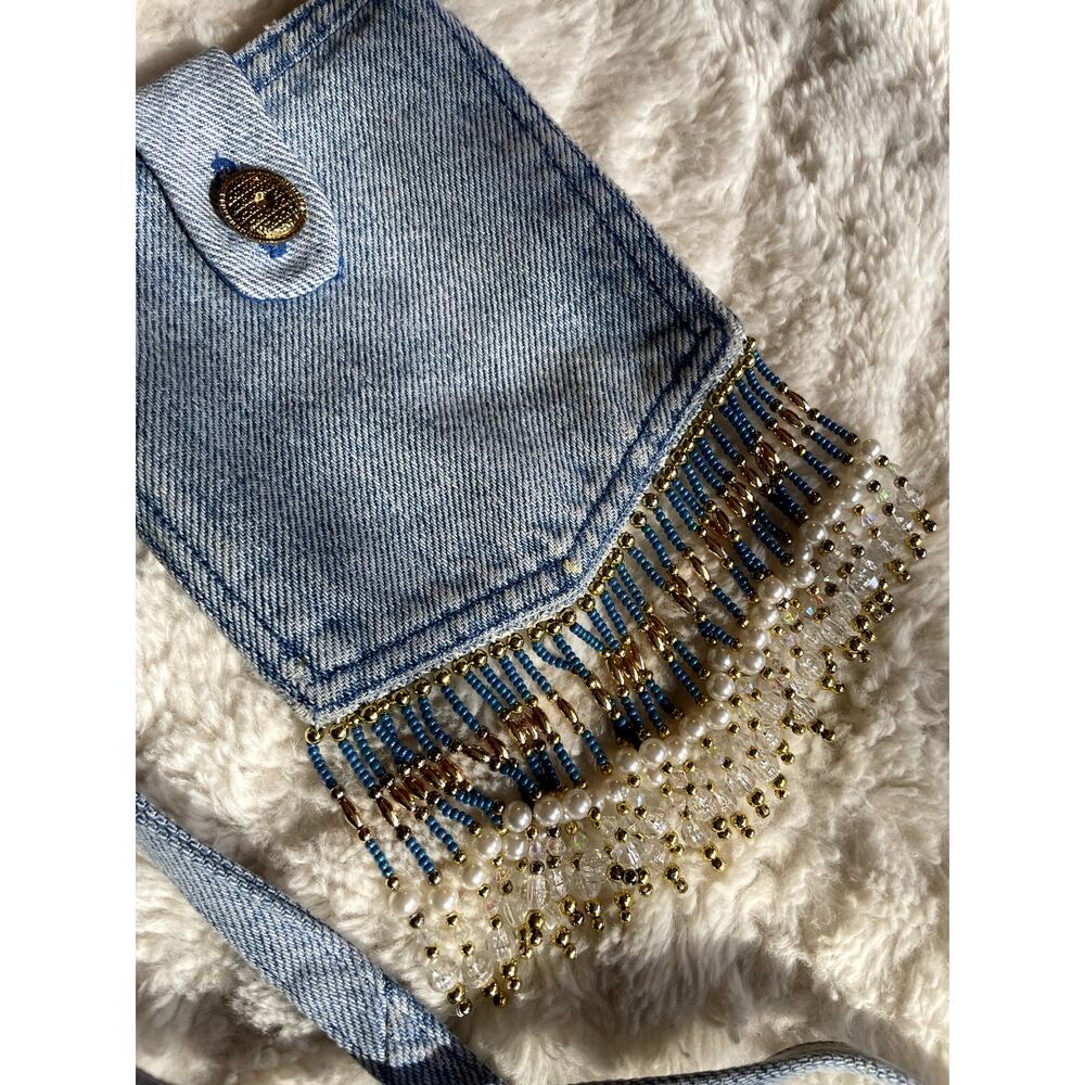 Handmade Denim Purse w/blue gold bead fringe + silky liner